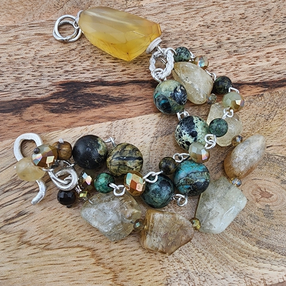 RAW CITRINE, AFRICAN TURQUOISE & CRYSTAL DANGLING HANDMADE BRACELET STERLING 6.5